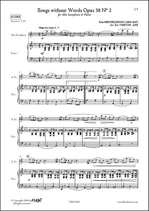 Songs without Words Opus 38 No. 2 - F. MENDELSSOHN - <font color=#666666>Alto Saxophone & Piano</font>