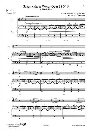 Songs without Words Opus 38 No. 3 - F. MENDELSSOHN - <font color=#666666>Oboe & Piano</font>