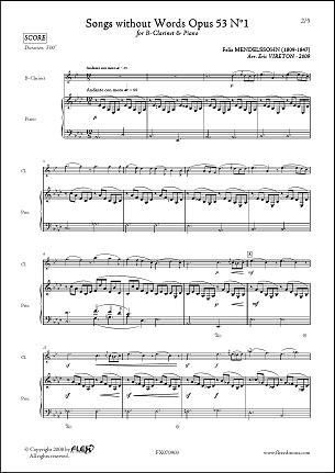 Songs without Words Opus 53 No. 1 - F. MENDELSSOHN - <font color=#666666>Clarinet</font>