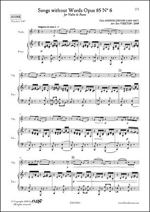 Songs without Words Opus 85 No. 6 - F. MENDELSSOHN - <font color=#666666>Violin & Piano</font>