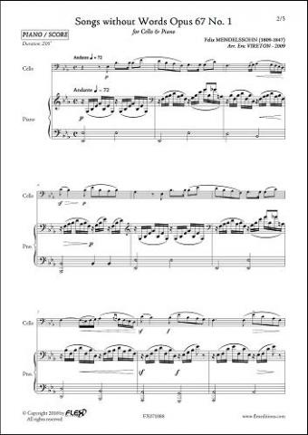 Songs without Words Opus 67 No 1 - F. MENDELSSOHN - <font color=#666666>Cello and Piano</font>