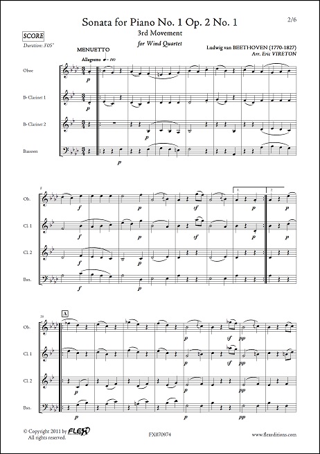 Sonata No. 1 Op. 2 No. 1 - Mvt. 3 - L. van BEETHOVEN - <font color=#666666>Wind Quartet</font>