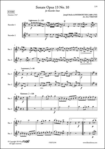 Sonata Opus 13 No. 10 - J. B. de BOISMORTIER - <font color=#666666>Recorder Duet</font>