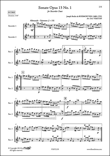 Sonata Opus 13 No. 1 - J. B. de BOISMORTIER - <font color=#666666>Recorder Duet</font>