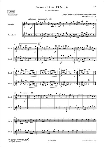 Sonata Opus 13 No. 4 - J. B. de BOISMORTIER - <font color=#666666>Recorder Duet</font>