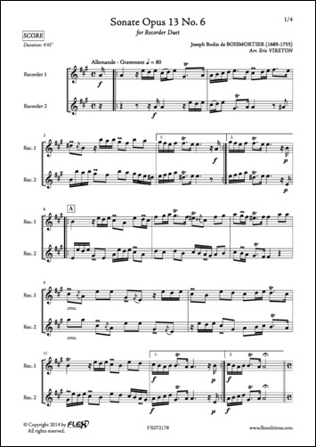 Sonata Opus 13 No. 6 - J. B. de BOISMORTIER - <font color=#666666>Recorder Duet</font>