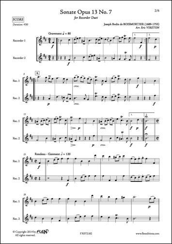 Sonata Opus 13 No. 7 - J. B. de BOISMORTIER - <font color=#666666>Recorder Duet</font>