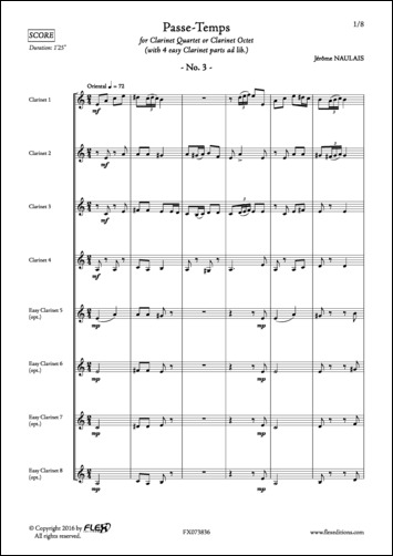 Passe-Temps No. 3 - J. NAULAIS - <font color=#666666>Clarinet Quartet + 4 easy Clarinets (opt.)</font>
