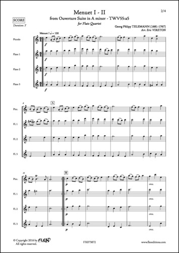 Menuet I - II from Ouverture Suite in A minor - TWV55:a5 - G. P. TELEMANN - <font color=#666666>Flute Quartet</font>