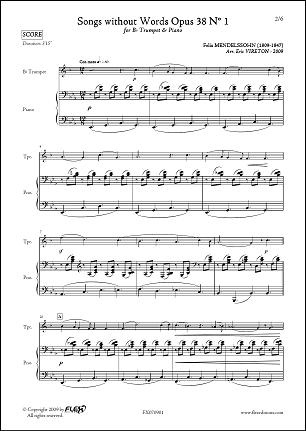 Romances sans Paroles Opus 38 No. 1 - F. MENDELSSOHN - <font color=#666666>Trompette & Piano</font>