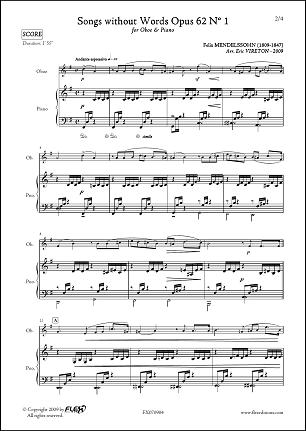 Songs without Words Opus 62 No. 1 - F. MENDELSSOHN - <font color=#666666>Oboe & Piano</font>