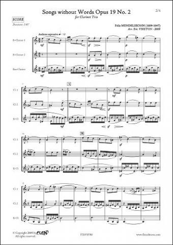 Songs without Words Opus 19 No. 2 - F. MENDELSSOHN - <font color=#666666>Clarinet Trio</font>