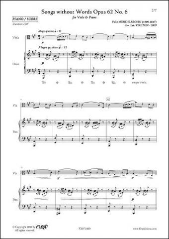 Songs without Words Opus 62 No 6 - F. MENDELSSOHN - <font color=#666666>Viola and Piano</font>