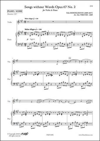Songs without Words Opus 67 No 2 - F. MENDELSSOHN - <font color=#666666>Violin and Piano</font>