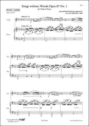 Songs without Words Opus 67 No 1 - F. MENDELSSOHN - <font color=#666666>Violin and Piano</font>