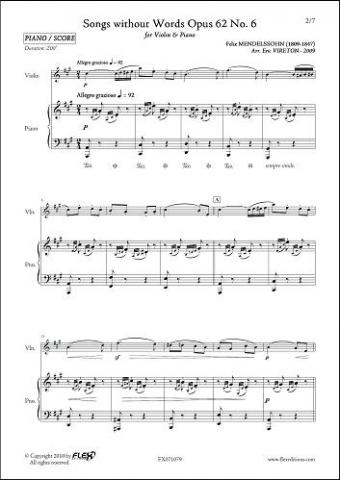 Songs without Words Opus 62 No 6 - F. MENDELSSOHN - <font color=#666666>Violin and Piano</font>