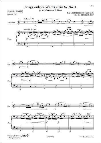Romances sans Paroles Opus 67 No. 1 - F. MENDELSSOHN - <font color=#666666>Saxophone Alto & Piano</font>