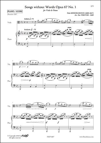 Songs without Words Opus 67 No 1 - F. MENDELSSOHN - <font color=#666666>Viola and Piano</font>