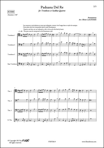 Paduana Del Re - ANONYME - <font color=#666666>Quatuor de Trombones</font>