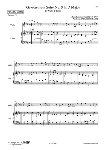 Gavotte from Suite No. 3 in D Major - J. S. BACH - <font color=#666666>Violin and Piano</font>