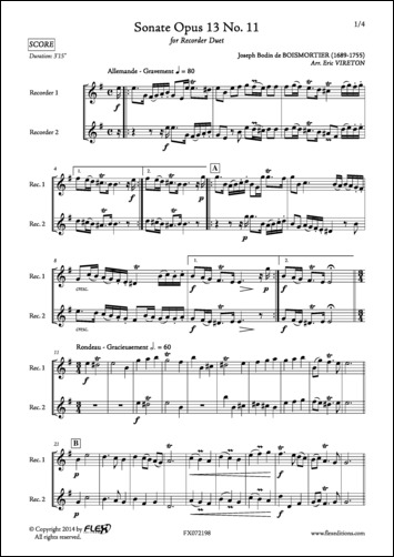 Sonata Opus 13 No. 11 - J. B. de BOISMORTIER - <font color=#666666>Duo de Flûtes à Bec</font>