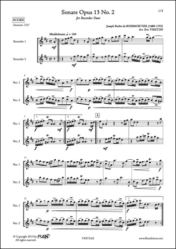 Sonata Opus 13 No. 2 - J. B. de BOISMORTIER - <font color=#666666>Recorder Duet</font>