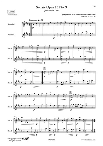 Sonata Opus 13 No. 9 - J. B. de BOISMORTIER - <font color=#666666>Recorder Duet</font>