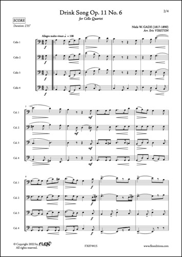 Chanson à Boire Op. 11 No. 6 - N. GADE - <font color=#666666>Quatuor de Violoncelles</font>