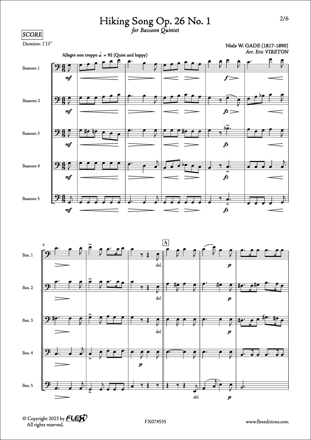Chanson de Randonnée Op. 26 No. 1 - N. GADE - <font color=#666666>Quintette de Bassons</font>