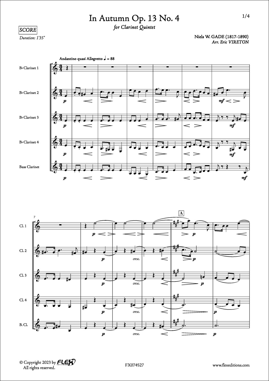 En Automne Op. 13 No. 4 - N. GADE - <font color=#666666>Quintette de Clarinettes</font>
