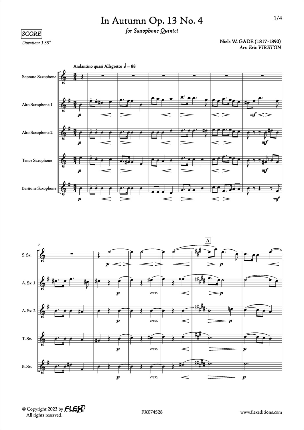 En Automne Op. 13 No. 4 - N. GADE - <font color=#666666>Quintette de Saxophones</font>