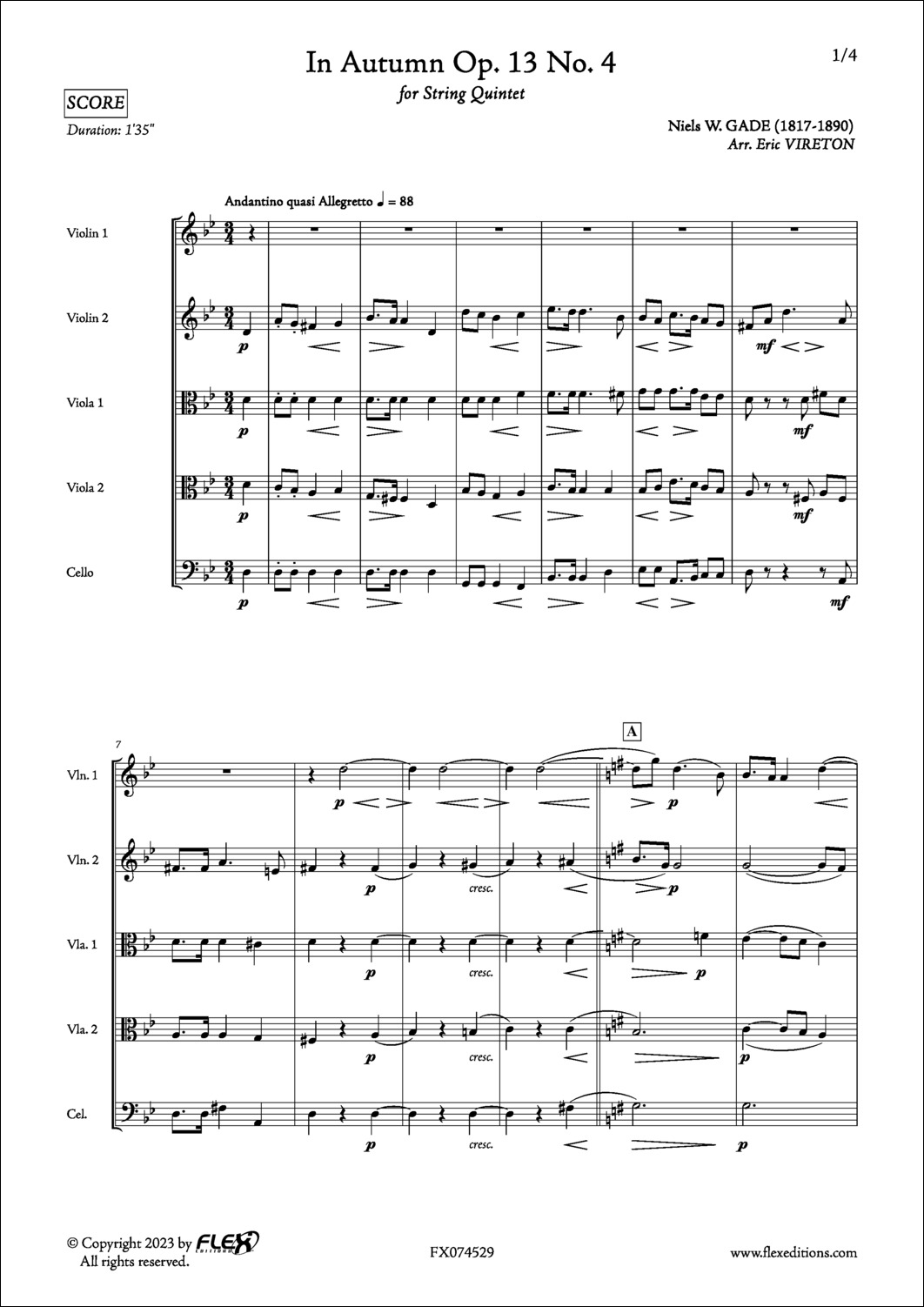 In Autumn Op. 13 No. 4 - N. GADE - <font color=#666666>String Quintet</font>