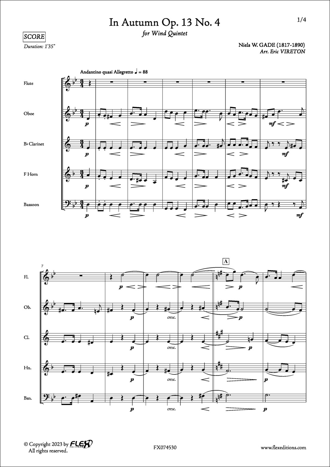En Automne Op. 13 No. 4 - N. GADE - <font color=#666666>Quintette à Vent</font>