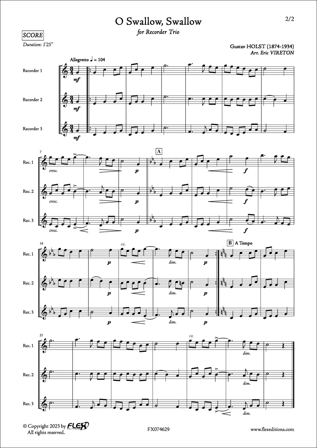 O Swallow, Swallow - G. HOLST - <font color=#666666>Recorder Trio</font>