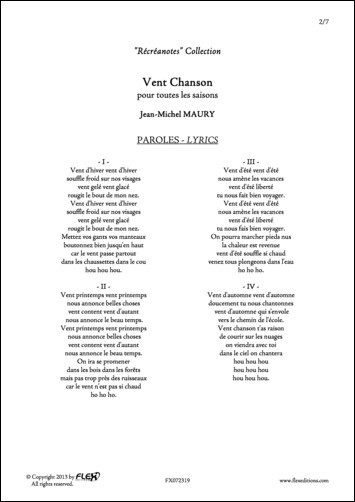 Vent Chanson - J.-M. MAURY - <font color=#666666>Children's Choir and Piano</font>