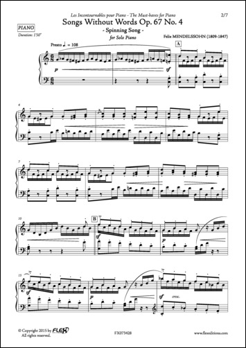 Romances sans Paroles Op. 67 No. 4 - La Fileuse - F. MENDELSSOHN - <font color=#666666>Piano Solo</font>