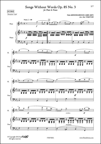 Songs Without Words Opus 85 No. 3 - F. MENDELSSOHN - <font color=#666666>Flute and Piano</font>