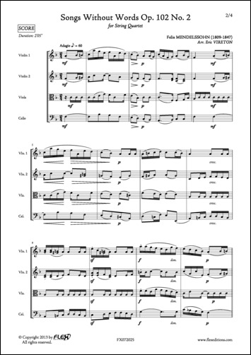 Romances Sans Paroles Opus 102 No. 2 - F. MENDELSSOHN - <font color=#666666>Quatuor à Cordes</font>