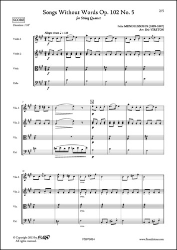 Romances Sans Paroles Opus 102 No. 5 - F. MENDELSSOHN - <font color=#666666>Quatuor à Cordes</font>