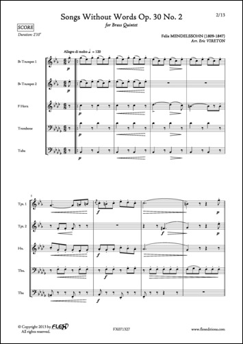 Songs Without Words Opus 30 No. 2 - F. MENDELSSOHN - <font color=#666666>Brass Quintet</font>