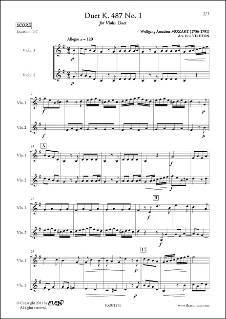 Duet K. 487 No. 1 - W. A. MOZART - <font color=#666666>Violin Duet</font>