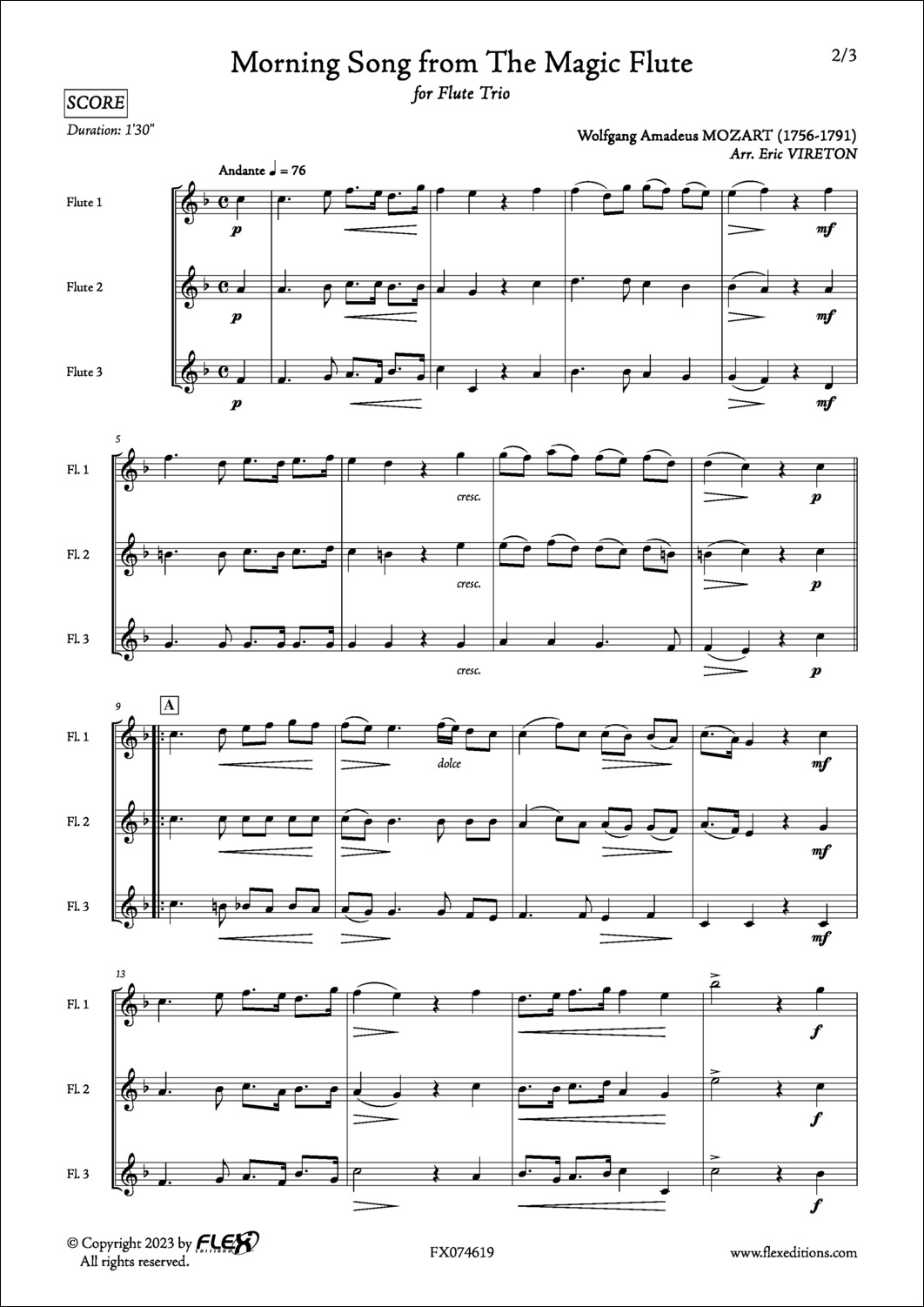 Chanson du Matin extrait de La Flûte Enchantée - W. A. MOZART - <font color=#666666>Trio de Flûtes</font>