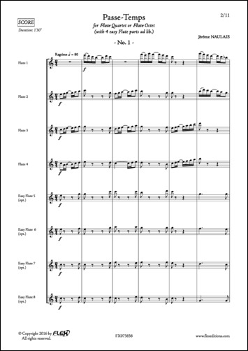 Passe-Temps No. 1 - J. NAULAIS - <font color=#666666>Flute Quartet + 4 easy Flutes (opt.)</font>