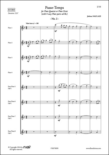 Passe-Temps No. 2 - J. NAULAIS - <font color=#666666>Flute Quartet + 4 easy Flutes (opt.)</font>