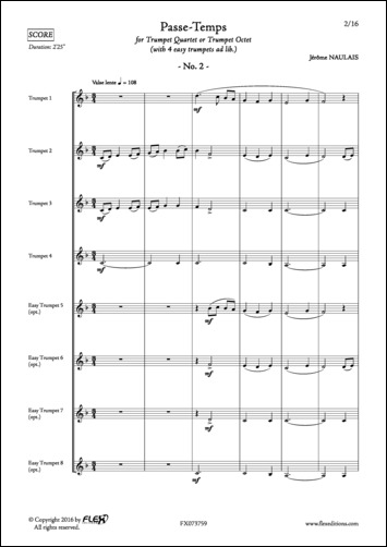 Passe-Temps No. 2 - J. NAULAIS - <font color=#666666>Trumpet Quartet + 4 easy Trumpets (opt.)</font>