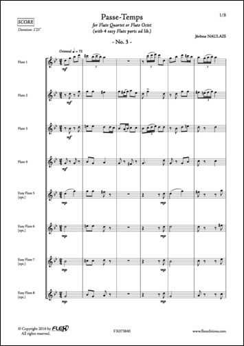 Passe-Temps No. 3 - J. NAULAIS - <font color=#666666>Flute Quartet + 4 easy Flutes (opt.)</font>