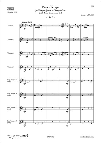Passe-Temps No. 3 - J. NAULAIS - <font color=#666666>Trumpet Quartet + 4 easy Trumpets (opt.)</font>