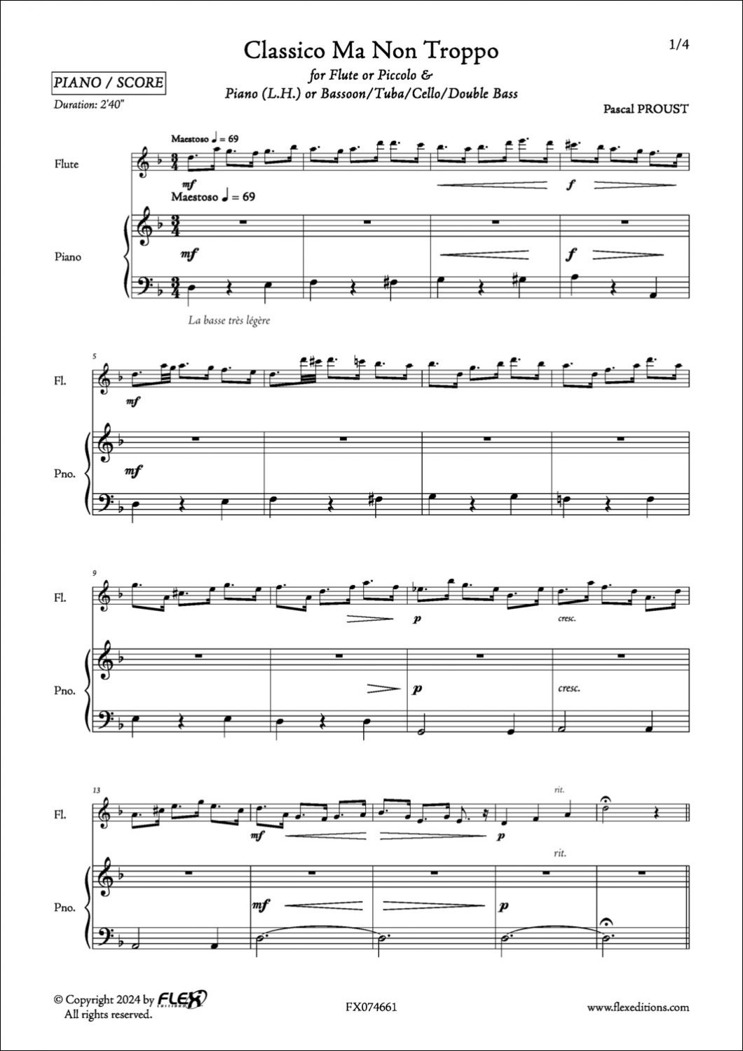 Classico Ma Non Troppo - P. PROUST - <font color=#666666>Flute/Piccolo and Piano Lef Hand or Bassoon or Tuba or Cello or Double Bass (opt.)</font>