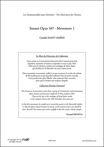 Sonate Opus 167 - C. SAINT-SAENS - <font color=#666666>Clarinette et Piano</font>