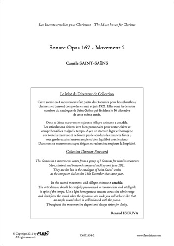 Sonate Opus 167 - Mvt 2 - C. SAINT-SAENS - <font color=#666666>Clarinette et Piano</font>